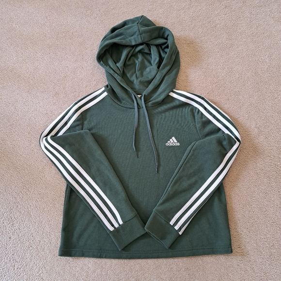 Adidas Cropped Hoodie Green with White Stripes Women's Size Medium 3 Stripe - Picture 11 of 11